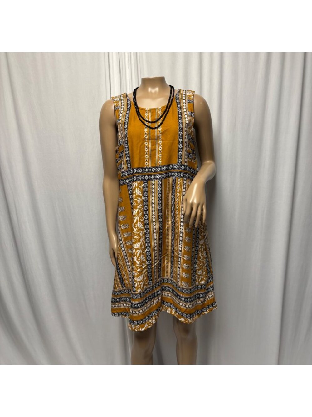 Maurices Sleeveless Dress Womens Small Mustard Black White Floral Striped Boho